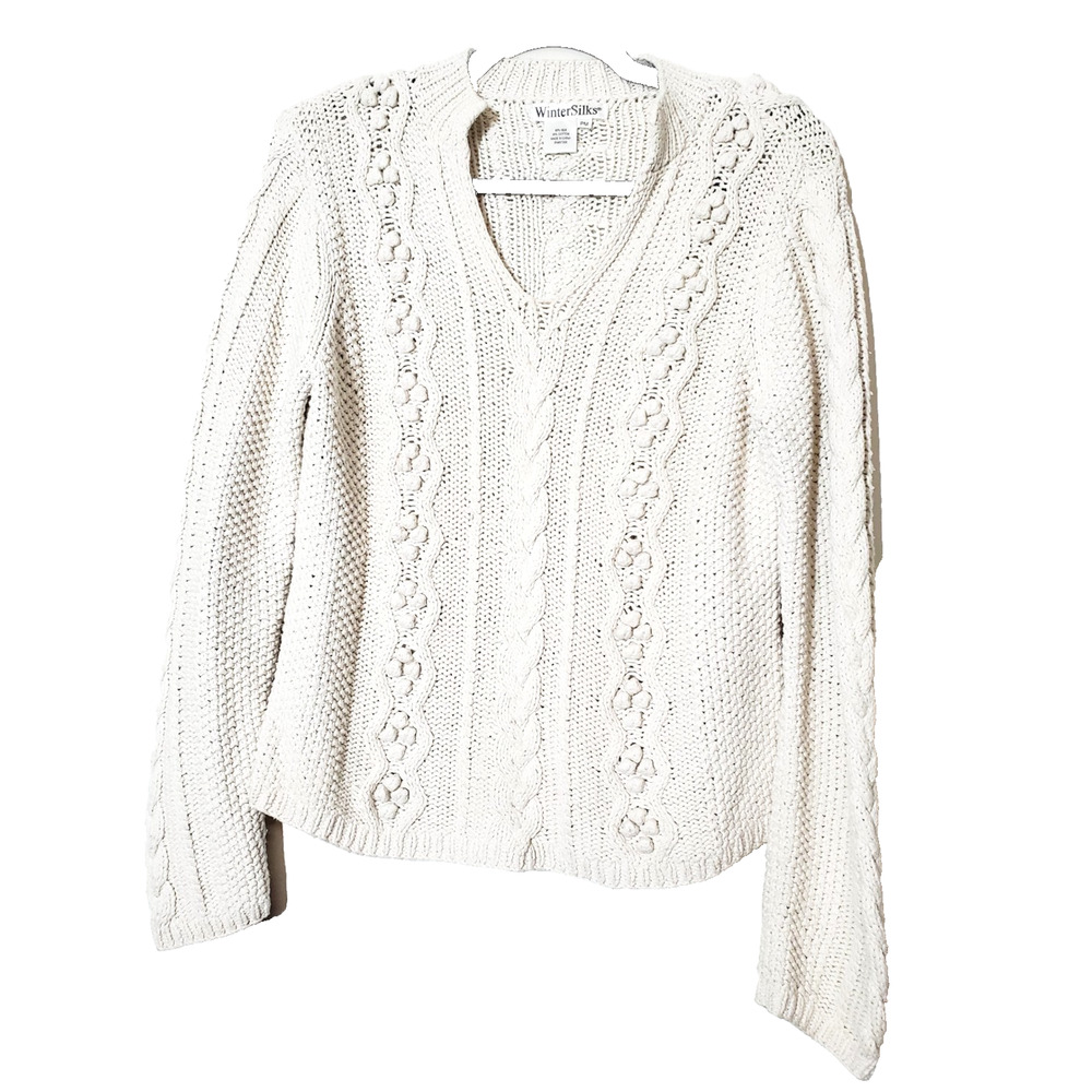 WinterSilks Sweater Womens Medium Petite Ivory‎ Baubles Silk Pullover V-neck